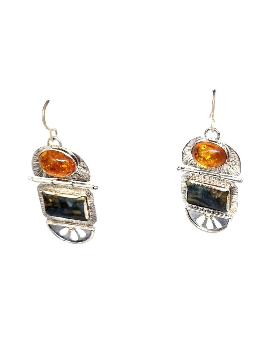 Earrings Baltic Amber Moissanite Jasper 925 Silver 14K Gold 10.8 Gr Silver Hooks